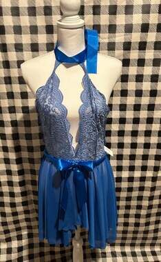 iCollection Blue Plus Size Lace and Mesh Plunge Halter Lingerie Dress